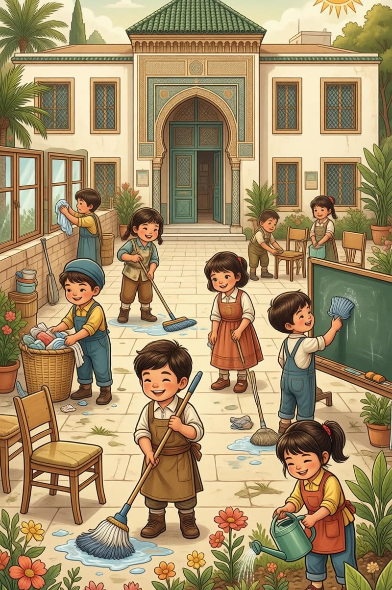 Children cleaning their school together